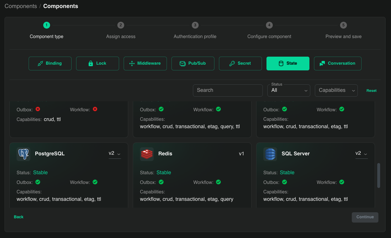 Component catalog marking each state store's Workflow support