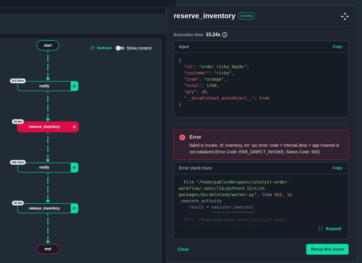 Activity details with error stack trace