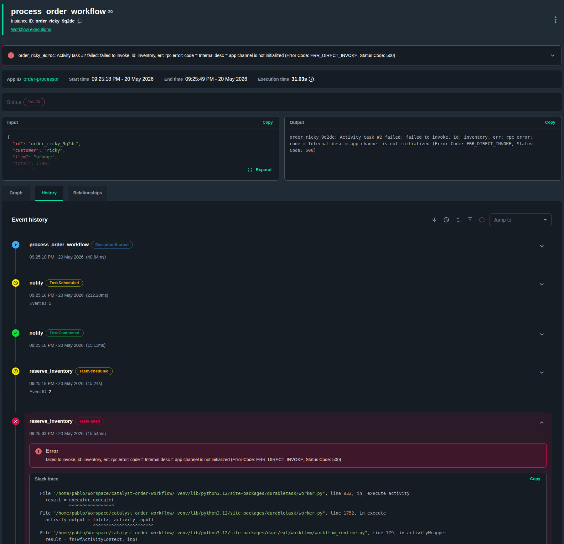 Workflow execution history with event sequence