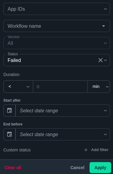 Workflow execution filter selector