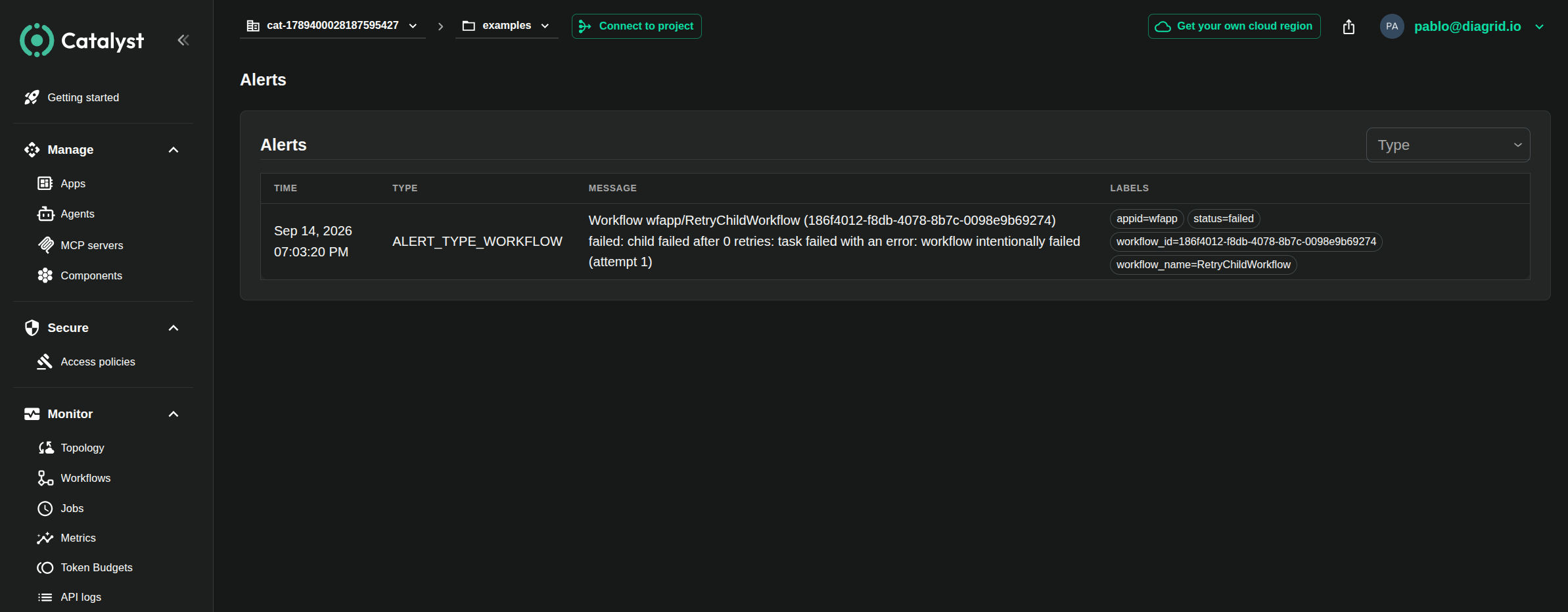 The Alerts view of a project, showing a workflow alert with its time, type, message, and labels
